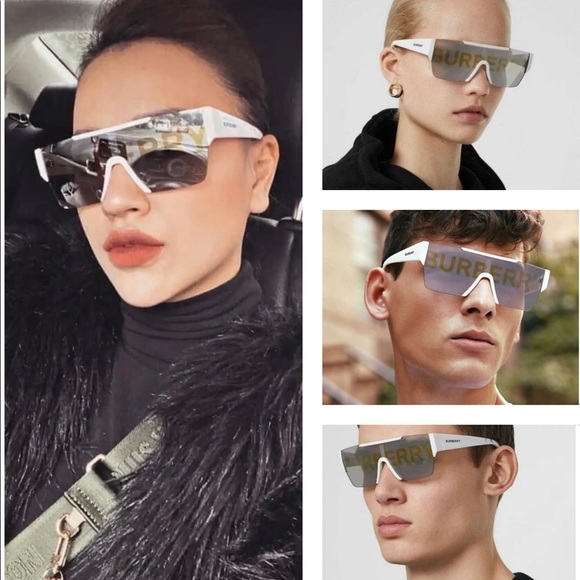 BURBERRY SHIELDS WITH SILVER & GOLD BURBERRY WRITTEN ON MIRROR LENSES SUNNIES - Picture 5 of 16